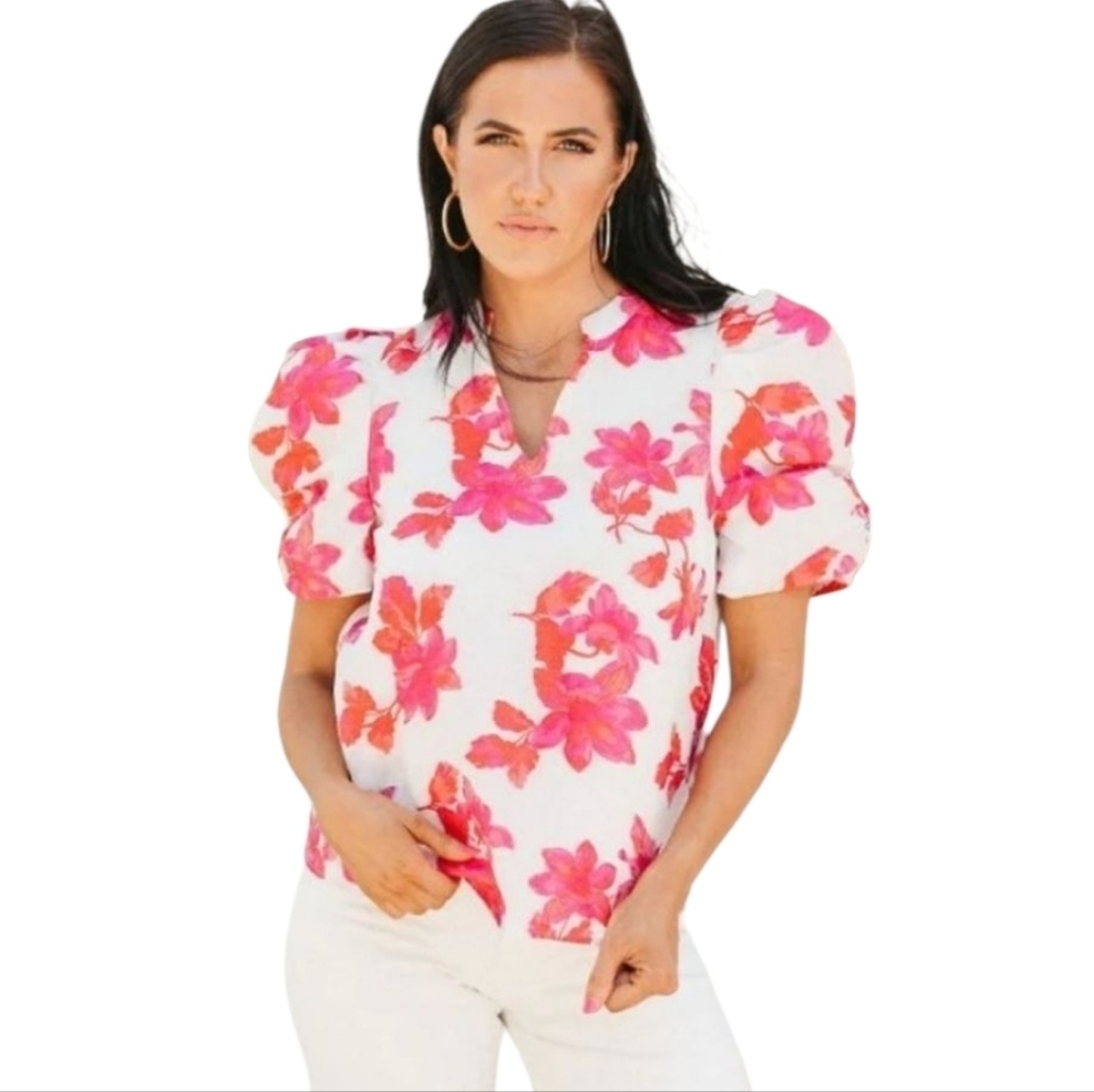 entro White Floral Puff Sleeve Blouse with Pink and Coral Flowers Medium - Picture 2 of 10